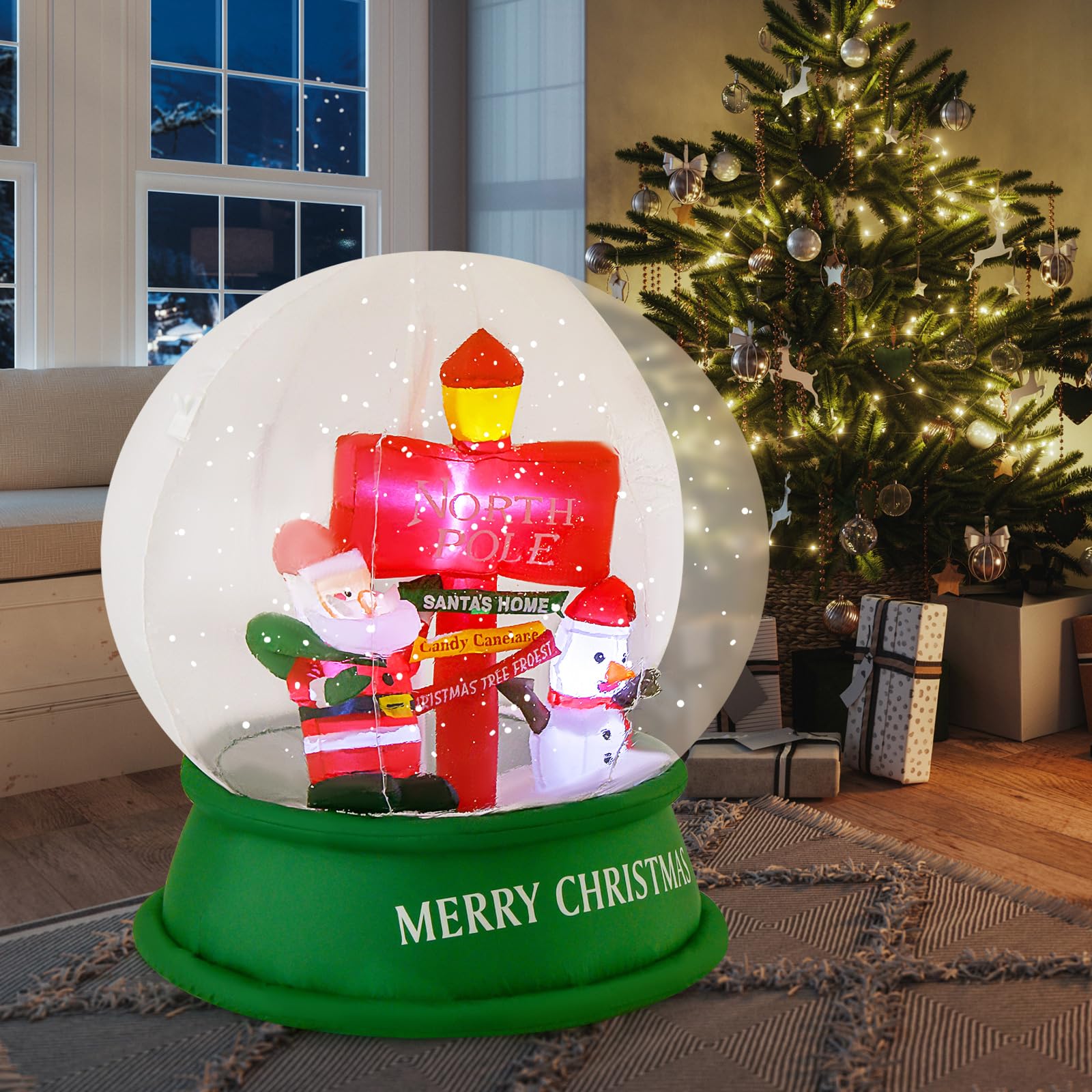 Tangkula 4.2 FT Christmas Inflatable Santa Snow Globe, Light Up Crystal Ball with Santa, Snowman & Road Sign